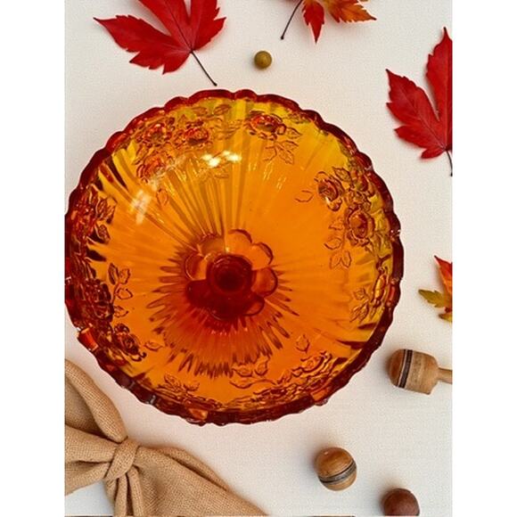 Fenton Tangerine Amberina Rose Compote Pedestal Candy Dish-Vintage MCM-UV Glow - Picture 5 of 10